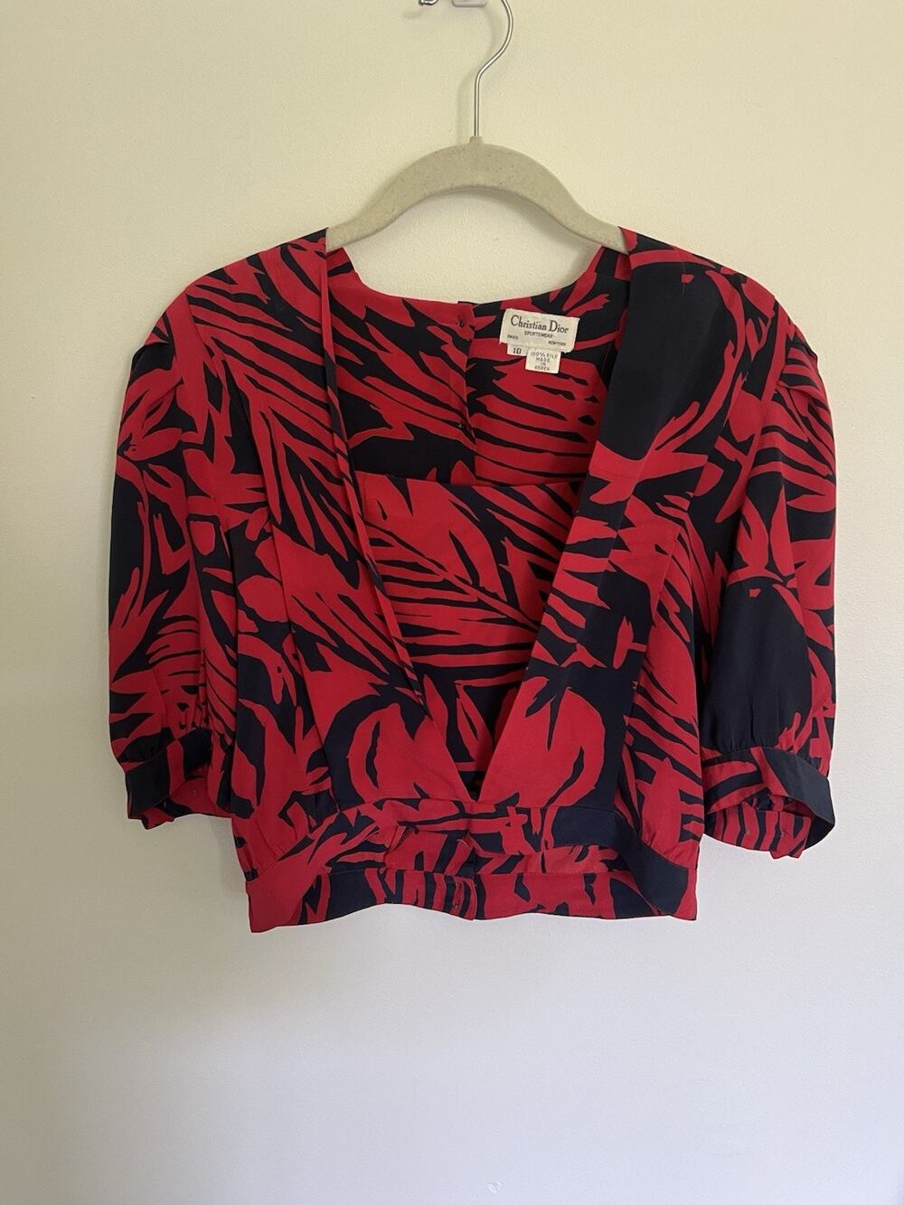 VTG Christian Dior Sportswear Size 10 Printed Silk Cropped Blouse Tropical Red
